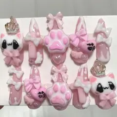 No.515 ネイルチップ 現品 量産型 地雷系 サブカル 平成女児 猫 ピンク