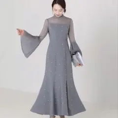Leja パールビジュープリーツフレアスリーブマーメイドドレス ブルー