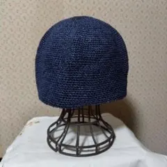 ネイビー手編み風ビーニー帽・バケット帽 リネン100％