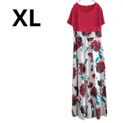 ロングワンピース【XL】花柄 半袖 赤 ホワイト レディース フレア