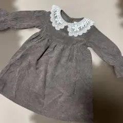 美品ペアマノンpairmanon長袖コーデュロイワンピース レース襟 ブラウン