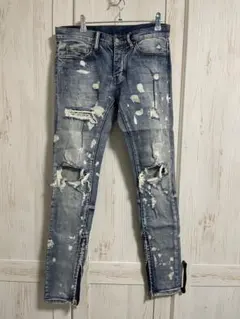 まとめ購入値下げあり　mnml ダメージ加工 ペイント加工　ブルーデニム 28