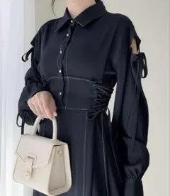 mily bilet 肩空きリボン使いステッチ配色ワンピース