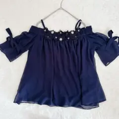 セシルマクビー オフショル ブラウス 紺 M 肩出し フラワー パール シフォン