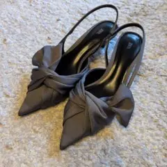ZARA グレー リボン付き ハイヒールパンプス37