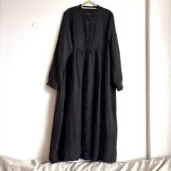 nest Robe リネン バンドカラー ギャザー シャツワンピース 黒
