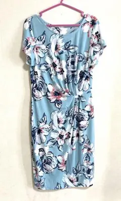 半袖　インポートワンピース　フリーサイズ　水色　花柄　ジャージー素材　洗える