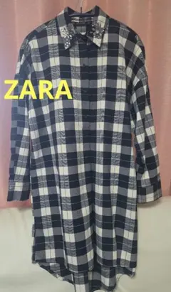 ZARA チェック ラインストーン オーバーサイズ シャツ ワンピース xs