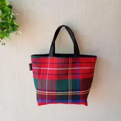 Sサイズ　大判タータンチェック赤　ミニトート　ランチバッグ　ハンドメイド