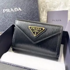 【未使用級】プラダ 三つ折り財布 ダイノ ゴールド金具 レザー ブラックRFID