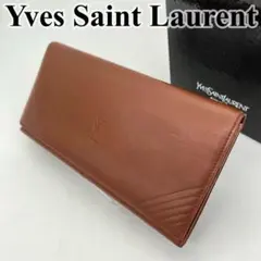イヴサンローラン 長財布 フラップウォレット カサンドラ YSLロゴ レザー 茶