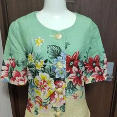 美品YUKITORII花柄ノーカラー半袖ジャケット9サイズクリーニング済み麻30のサムネイル