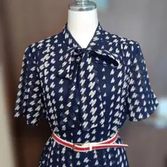 極美品東京スタイル昭和レトロVintage総柄半袖ボータイ膝丈ワンピース♡13