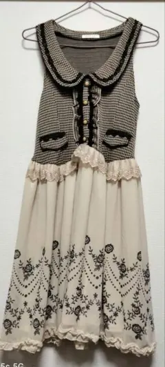 ★axes femme M 千鳥格子/花柄 レース襟 ノースリーブワンピース★