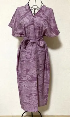 着物リメイク紫色 和風柄 着物スタイル ワンピース