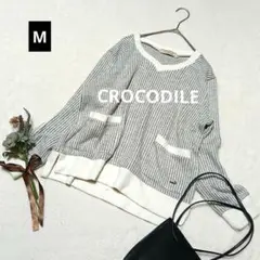 1889ꕤクロコダイル ストライプVネック長袖ニット【M】グレー ロゴ刺繍