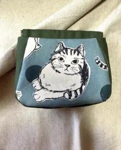 【ハンドメイド】猫イラスト バネ口ポーチ 青緑