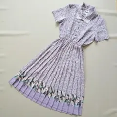 レトロ ワンピース ロング丈 プリーツ 花柄 レース 襟付き 半袖 Aライン