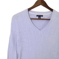トミーヒルフィガー ケーブルニット Vネック 水色 コットン100% ストレッチ
