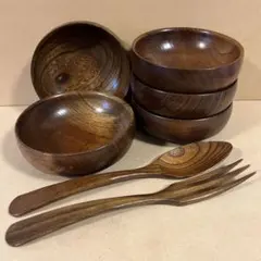 未使用 木製 欅 器 5客 フォーク スプーン セット 丸皿 サラダボウル