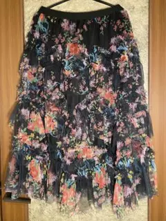 花柄 黒地 カラフル シフォンレース ティアード ロング丈スカート