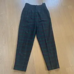 チェック柄　タック入り　美脚　テーパードパンツ　グリーン×ボルドー