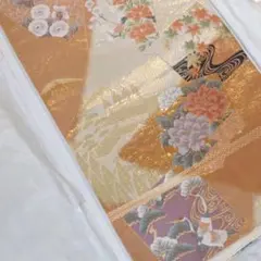 ☆セール☆正絹　六通柄 袋帯 吉祥文様　コーラルオレンジ　ゴールド　金糸　花