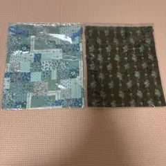 巾着袋 2点セット パッチワーク風と花柄　青　茶色　小物入れ　ポーチ　マチなし