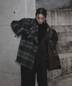 新品タグ付 hellam ピーコート シャギーチェックコクーンミドルコート