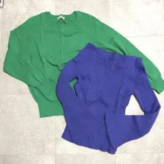 処分セール！美品グリーン・ブルー　カラーニット長袖2枚セット　リブ　ボートネック