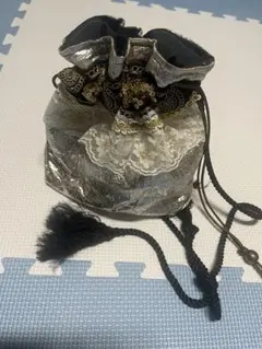 シルバー レース装飾 巾着型ショルダーバッグ