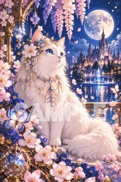 1649 幻想的な白猫と月夜の城 アートイラスト ファンタジー 猫 桜 ブルー