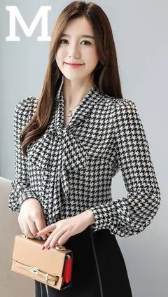 大人気千鳥格子ボウタイ大人上品とろみ素材ブラウス♢レディース♢ホワイト♢Mサイズ
