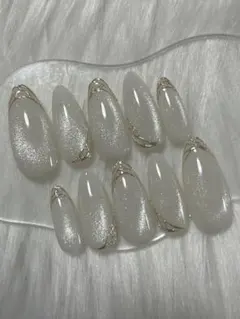 【オーダー】ネイルチップ ホワイトマグネットネイル ニュアンスミラーデザイン