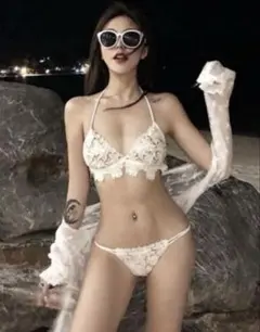 ビキニ 水着 白 レースフリルベージュ