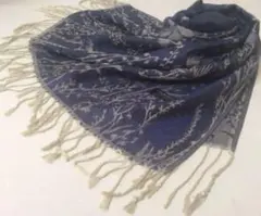 ◇花柄大判ストール パシュミナ　ネイビーカラー　リバーシブル　パシュミナストール