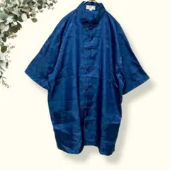 【L】チャイナシャツ/シルク/中華服/ドラゴン/龍/トップス/半袖/ブルー/夏