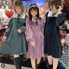 レースブロッキングベロアワンピース グリーンM