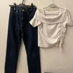 オフホワイト 半袖トップス ドロストデザイン ストレートデニムセットのサムネイル