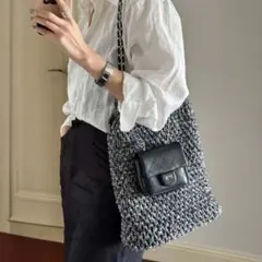 美品✨ポーチ付き　ショルダー　トートバッグ　2WAY チェーン　編み　キャンバス