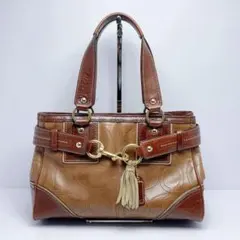 4513△ COACH ブラウン エンボス レザー トートバッグ シグネチャー 