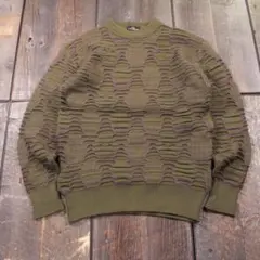 古着　３Dウールニット　カーキグリーン　紫　日本製　L 立体編み　90年代