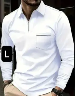 【新品/Lサイズ】ゴルフウェア 長袖 ポロシャツ メンズ シンプル ホワイト