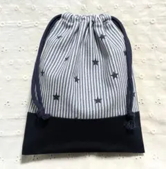 ハンドメイド、星、ストライプ柄の給食袋、巾着袋、コップ入れ、紺色