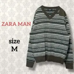 ザラマン【M】マルチボーダーウールニット Vネック 茶色 エルボーパッチ 長袖のサムネイル