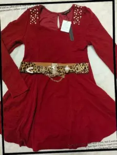 ワンウェイ　新品タグ付き　秋冬　長袖　パール　ワンピース　ビジュー　赤　ボルドー