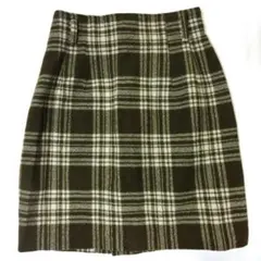 MICHELLE ウール100 膝丈 スカート タイト チェック カーキー