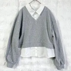 〈COLZA〉重ね着風 ニット 長袖 グレー×ホワイト 襟付きレイヤード風 M