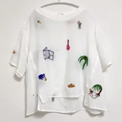 アトリエドゥサボン　お部屋でガーデン刺繍ブラウス　リネン100% 白　Fのサムネイル