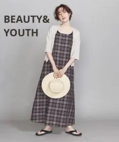 【美品】BEAUTY&YOUTH BY 麻ブレンドチェックキャミソール グレー